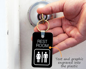 Engraved plastic key tag for restroom