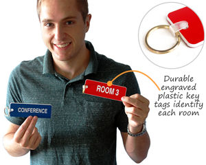 Durable engraved plastic key tags identify each room