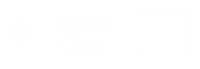 Family Clinic Engraved Wayfinding Sign, Left Arrow Symbol