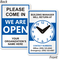 Custom Double-Sided Building Manager Be Back Sign