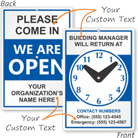 Custom 2 Sided Building Manager Be Back Sign