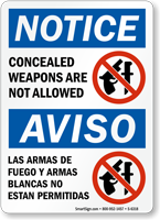 Bilingual Concealed Weapons Not Allowed Sign