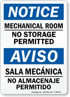 Mechanical Room, No Storage Permitted Bilingual Sign
