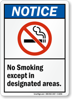 Notice: No Smoking Except In Designated Areas Sign