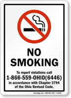 NO SMOKING To report violations call Sign