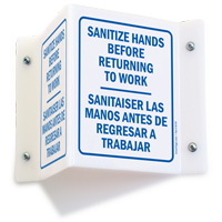 Sanitize Hands Projecting 2-Sided Bilingual Sign