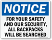 All Backpacks Will Be Searched Sign