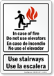 Bilingual In Case of Fire Use Stairways Sign