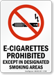 E-Cigarettes Prohibited Except In Designated Smoking Areas Sign