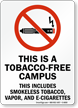 Tobacco Free Campus, Smokeless Tobacco, Vapor, And E Cigarettes Sign