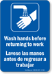 Bilingual Wash Hands Before Returning To Work Sign