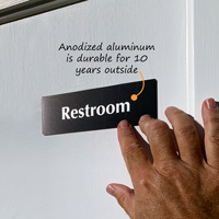 Anodized restroom sign that is durable outside