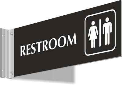 Restrooms Bilingual Wall Sign Triangle Projection-Mount 13x10 inch Pearl Gray Aluminum for Public Bathrooms Made in USA by ComplianceSigns