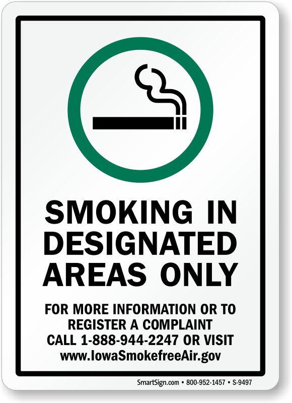 Designated areas. Non smoking area. No smoking in this area. Smoking area sign.