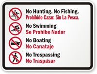 Bilingual No Hunting No Fishing No Boating Sign