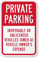 Private Parking Inoperable or Unlicensed Vehicles Towed Sign