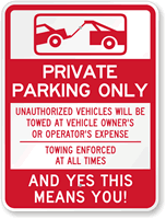 Private Parking Only Unauthorized Vehicles Towed Sign