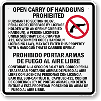 Section 30.07 Open Carry Of Handguns Prohibited Sign