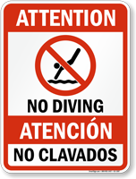 Bilingual Attention No Diving Sign with Symbol