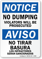 Bilingual No Dumping Violators Will Be Prosecuted Sign