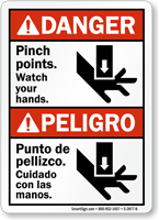Danger Bilingual Pinch Points Watch Your Hands Sign