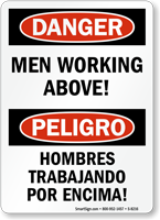 Danger Mens Working Above Bilingual Sign