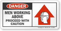 Men Working Above Proceed With Caution Danger Sign