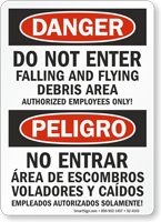 Do Not Enter Flying Debris Bilingual Danger Peligro Sign