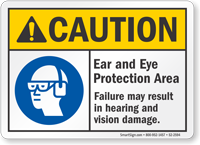 Ear And Eye Protection Area ANSI Caution Sign