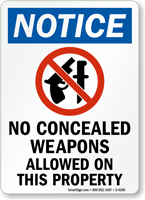 Notice No Concealed Weapons Allowed Sign