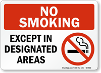 No Smoking Except In Designated Areas (with symbol) Sign, SKU: S-9560