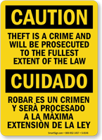 Caution Theft Prosecuted Bilingual Sign