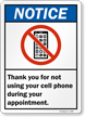 Thank You For Not Using Cell Phone Sign