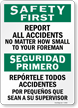 Bilingual Safety First Report All Accidents Sign