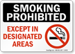 Smoking Prohibited Except In Designated Areas Sign