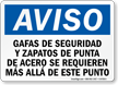 Spanish Safety Glasses, Steel Toe Shoes Required Sign