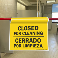 Cleaning in progress door barricade sign